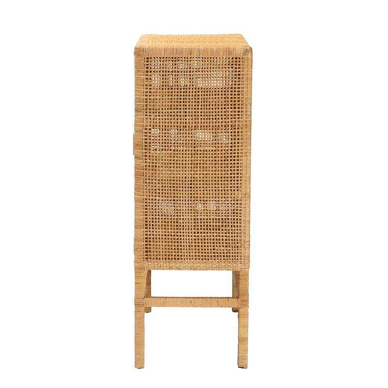 Vivan Modern Bohemian Natural Brown Rattan and Mahogany Wood 3-Shelf Storage Cabinet