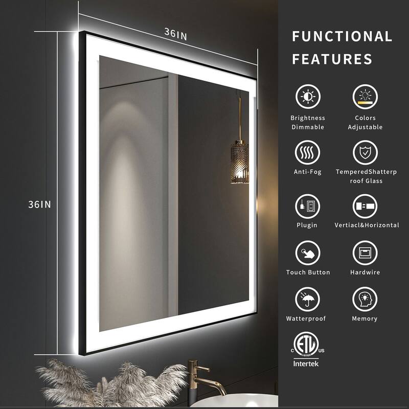 Square LED Light Anti-Fog Vanity Mirror with Backlit, Front Light - 36 in. W x 36 in. H