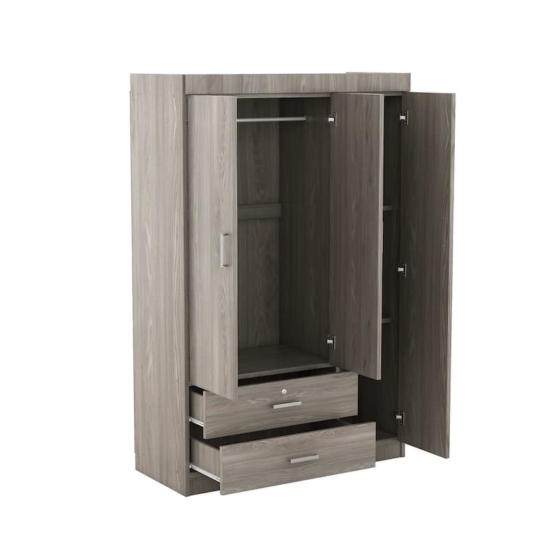3-Door Wardrobe with 2 Drawers, Wood Grain Effect, Freestanding Wardrobe Cabinet for Bedroom