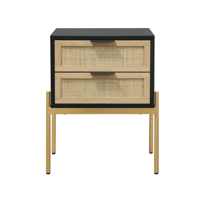 Nathan James Andrew Rattan End Side Table Storage Doors Gold Accents