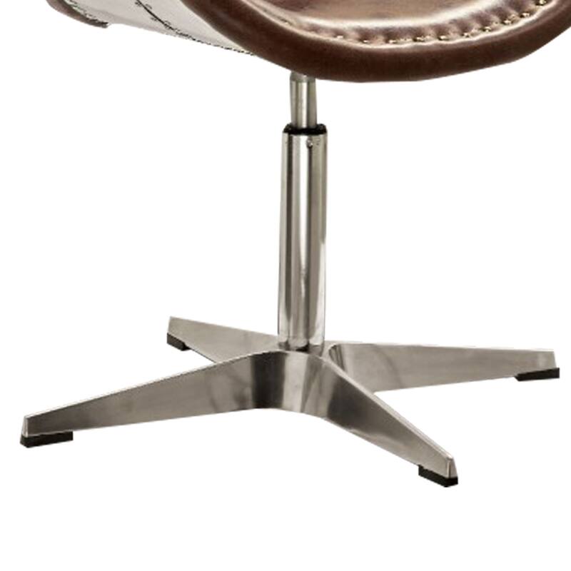 Retro Top Grain Leather Accent Chair with Swivel, Brown & Silver