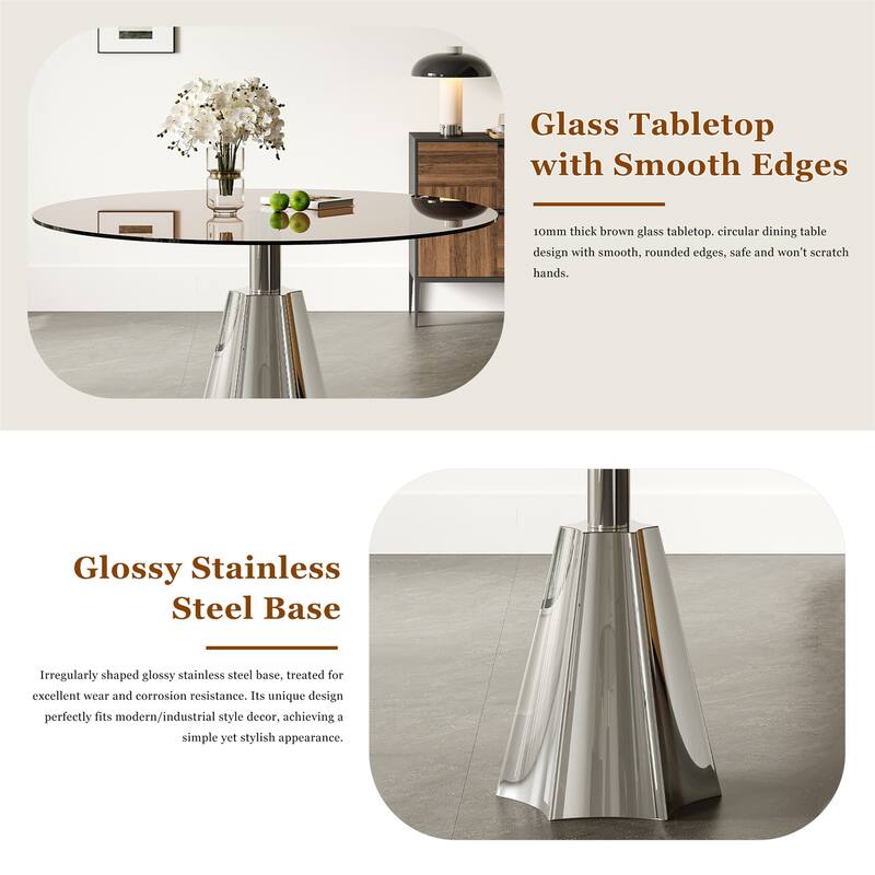 Compact Round Dining Table, Black Glass Top & Silver Flared Base