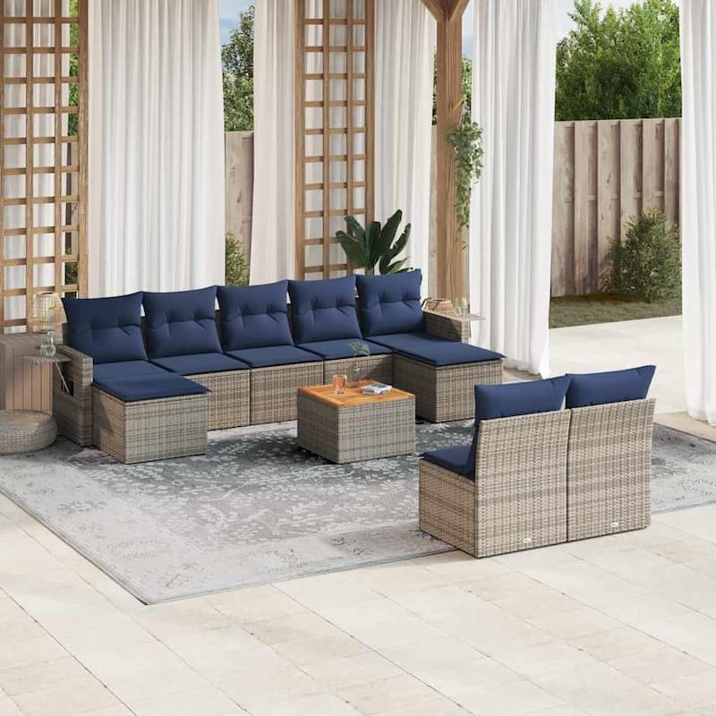 vidaXL 10 Piece Patio Sofa Set with Cushions Black Poly Rattan - 21.7" x 24.4" x 27.2" - Grey and blue