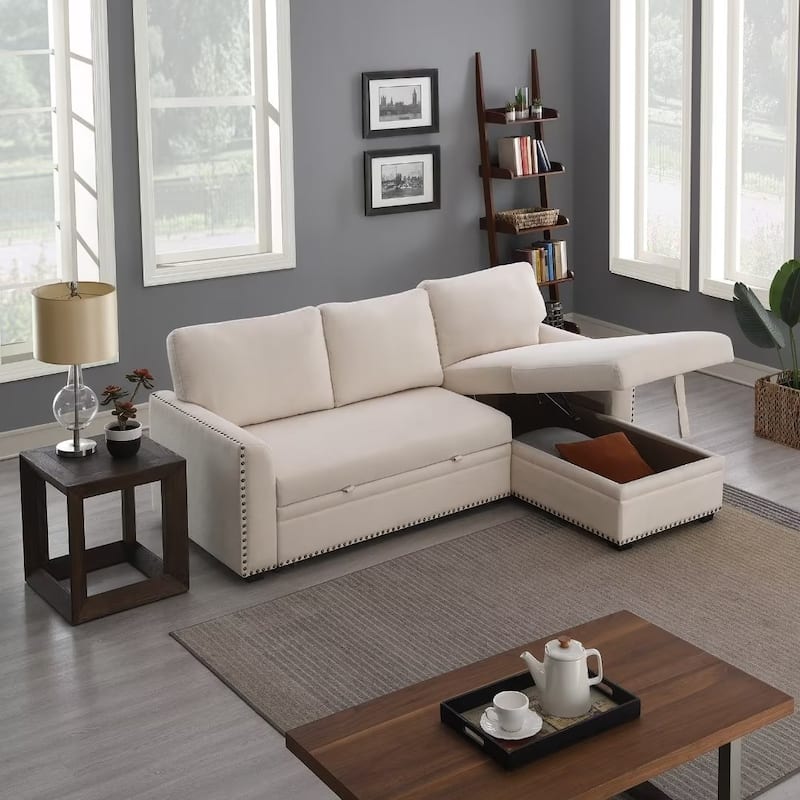 Morden Fort Reversible L-Shaped Sofa Bed with Storage - Velvet Upholstery, Button Tufting, and Nailhead Trim