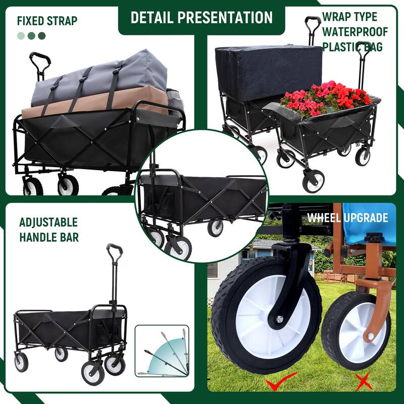 360lb Capacity Heavy-Duty Collapsible Wagon - with Storage Straps & 3-Piece Liner Bag Set