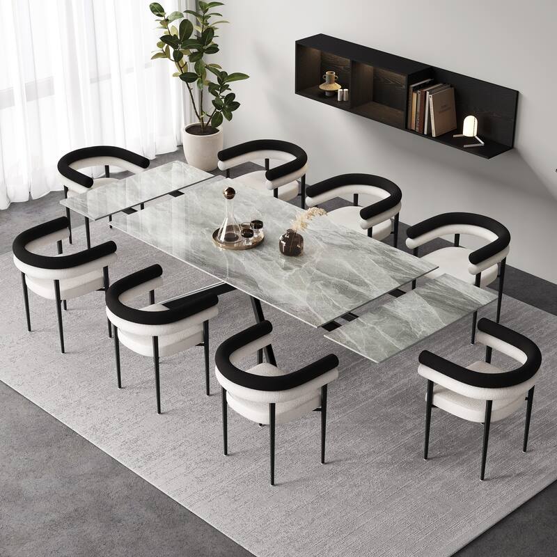 110.24" Extendable Sintered Stone Dining Table With 8 Chairs Dining Table Set