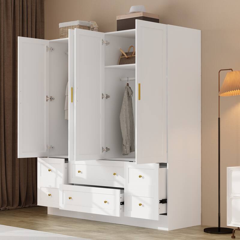 White Wardrobe Closet with Gold Handles - Modern Storage Cabinet with Drawers