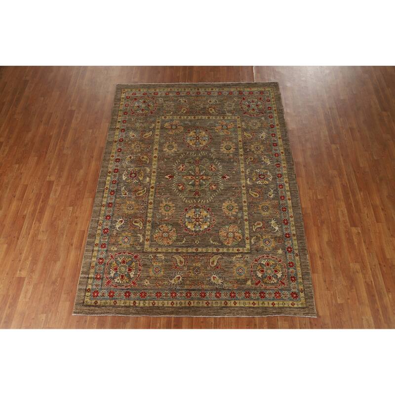Hand Knotted Oriental 100% Wool Carpet Transitional All-Over Brown Oushak Area Rug - 9' 1'' X 6' 6''