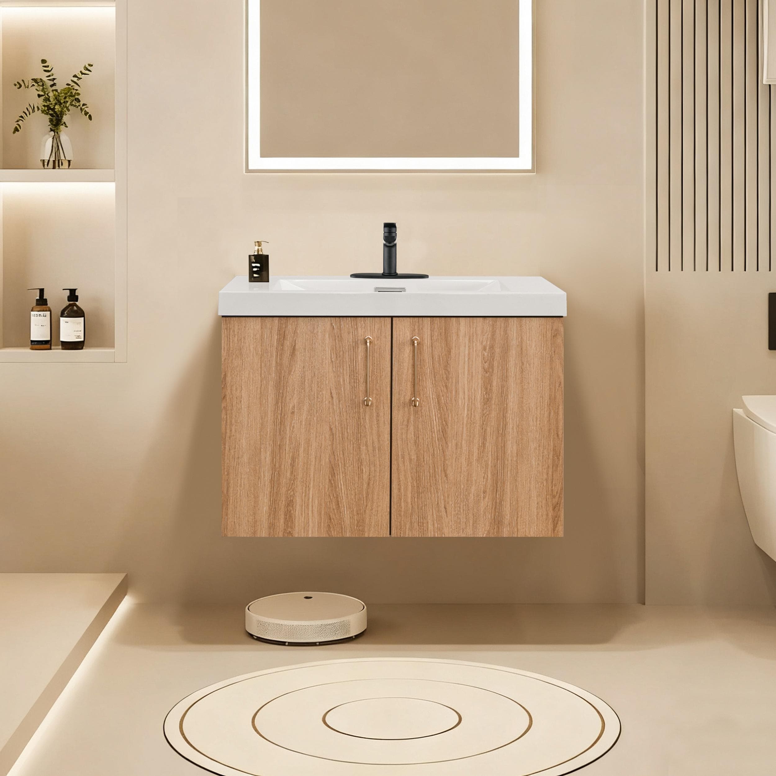 Modern minimalist wall-mounted bathroom vanity with resin sink