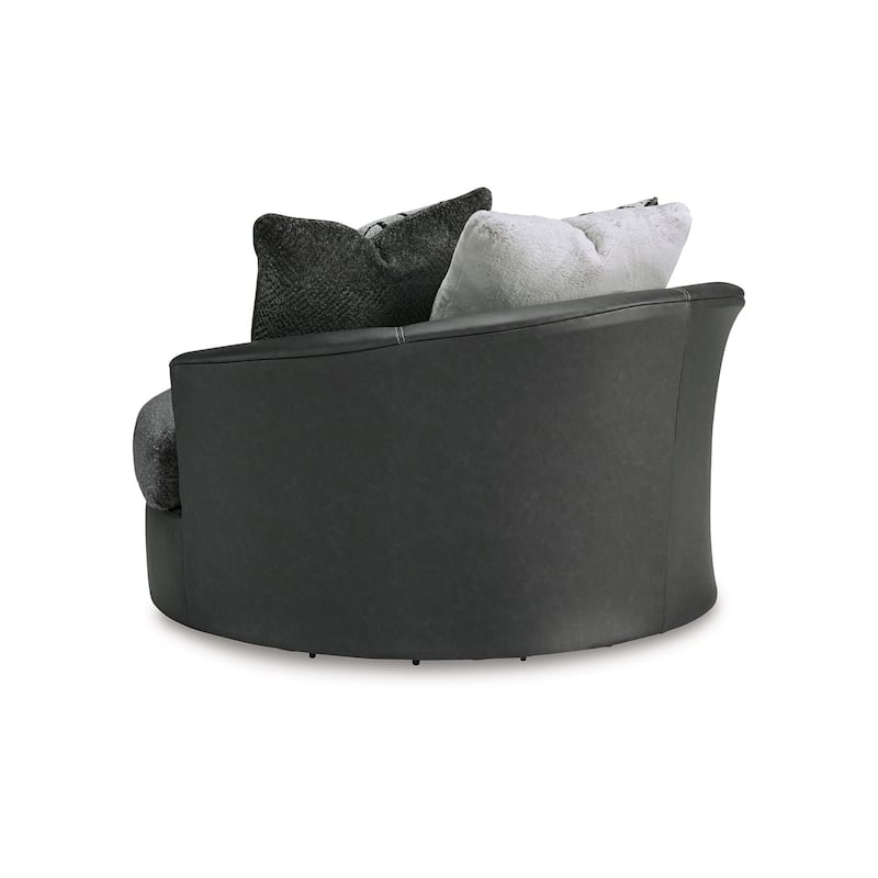 Burt Swivel Oversize Accent Chair w Pillows, Gray Fabric, Faux Leather