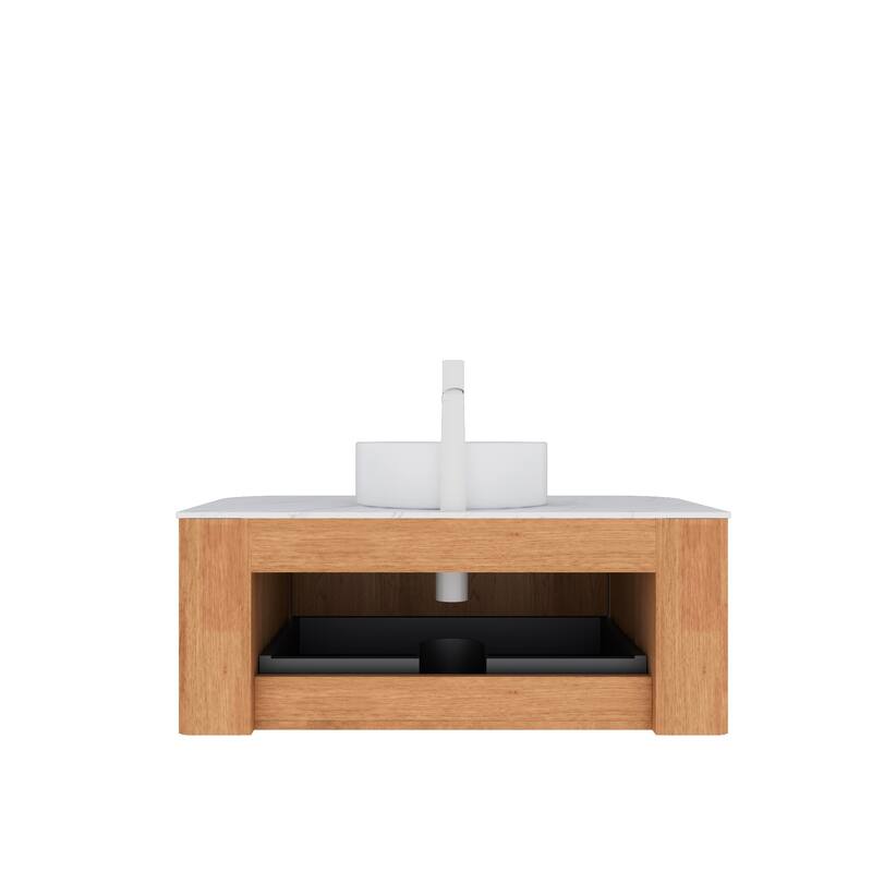 36" Pre-assembled Floating Bathroom Vanity with Stone Top & Ceramic Basin, Curved Cabinet with Drawer in Natural Woodgrain