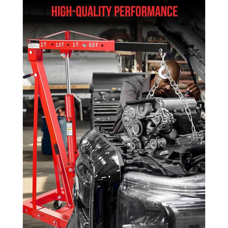 2-Ton Shop Crane, Hydraulic Folding Engine Hoist w/6 Steel Casters - Red without Lever