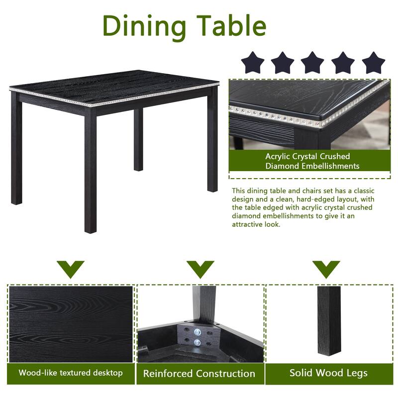 Modern 5-Piece Dining Set with Crystal Table & 4 Upholstered Chairs