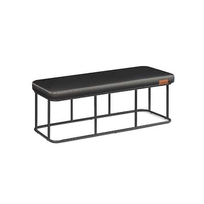 Fyn 47 Inch Ottoman Bench, Black Faux Leather Padded Seat, Steel Frame