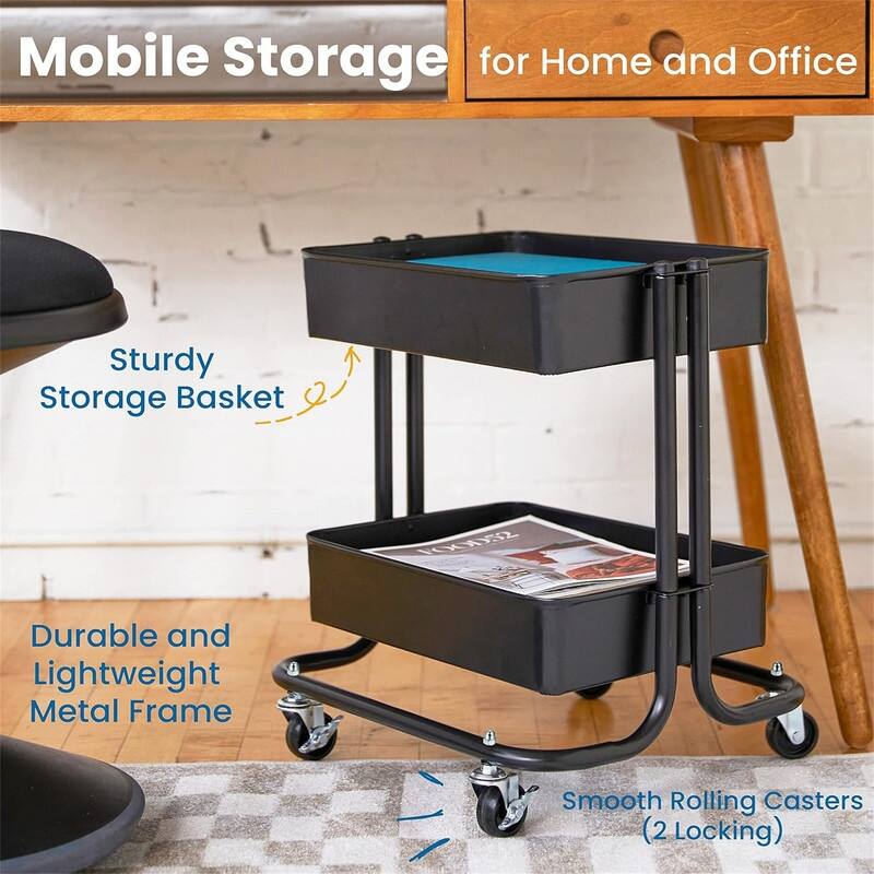 2-Tier Rolling Utility Cart - 15.6"D x 16.7"W x 19.7"H