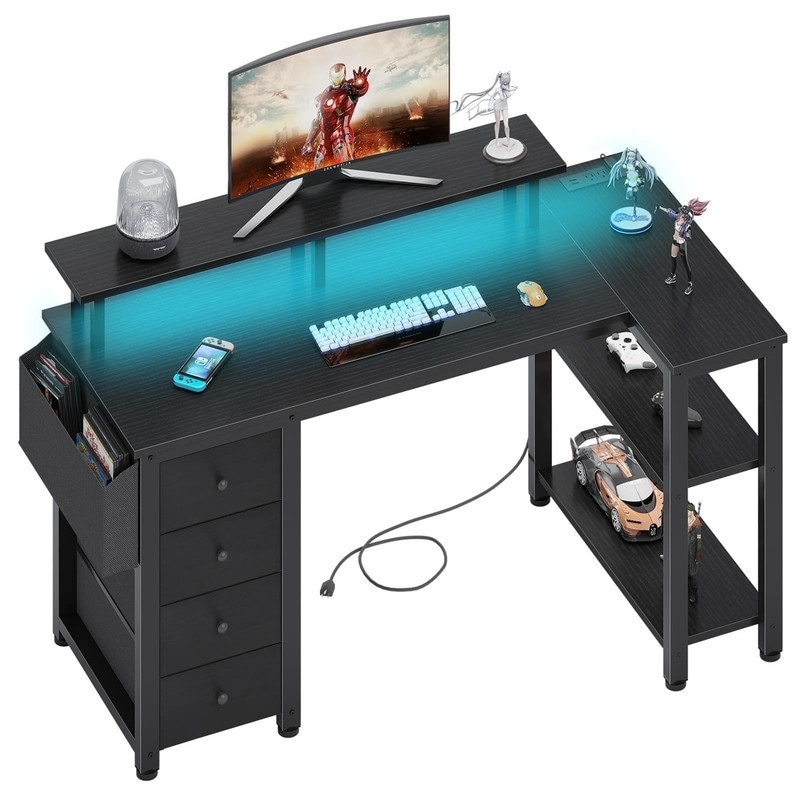 L Shaped Computer Desk with Fabric Corner Home Office Desk with Monitor Stand Shelves