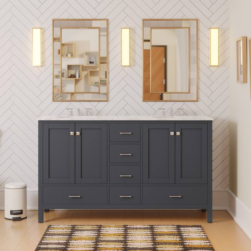 KitchenBathCollection Horizon 60" Double Bathroom Vanity with Engineered Carrara Top