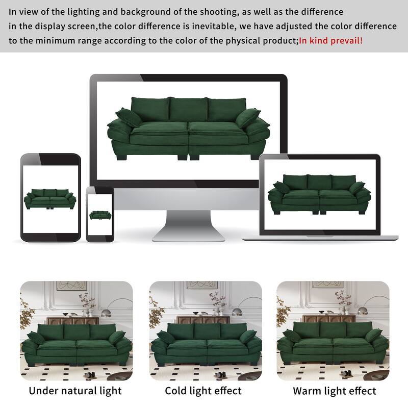 85.4" Modern Curved Corduroy Sofa in Dark Green with Pillows for Living Spaces