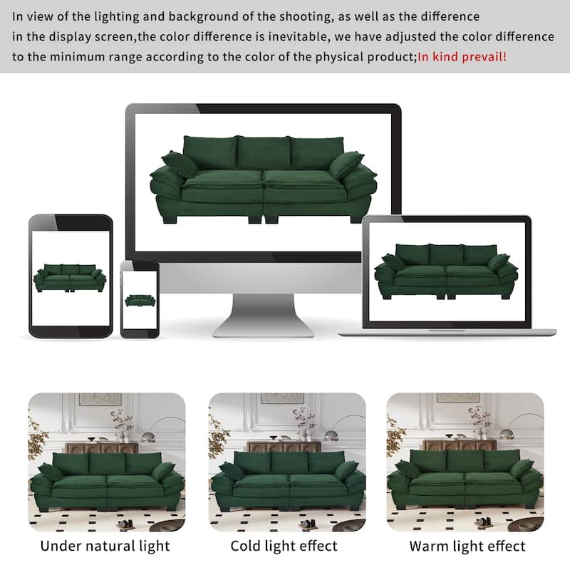 Corduroy Fabric Small Sofa, Upholstered Curved Sofa with 2 Throw Pillows, Deep Seat Sofa with Armrests & Cushions
