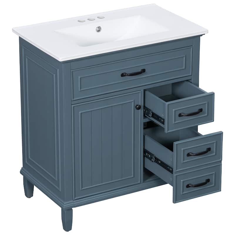 30 Inch Bathroom Vanity with Ceramic Sink Top, Flip Drawers, Freestanding Storage Cabinet (Faucet Not Included)