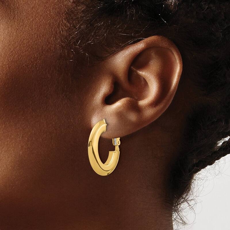 Curata 14k Yellow Gold Polished Knife Edge Oval Hoop Omega Back Earrings - 25x21.8mm