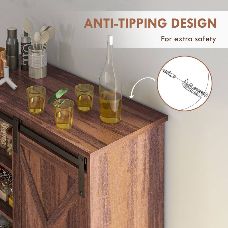 Coffee Bar Cabinet with Sliding Barn Door, Kitchen Sideboard with Storage, Buffet Cabinet with Adjustable Shelf