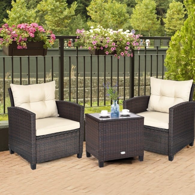 3 Pieces Rattan Patio Furniture Set with Washable Cushion - Chair: 26.5" x 26.5" x 30"