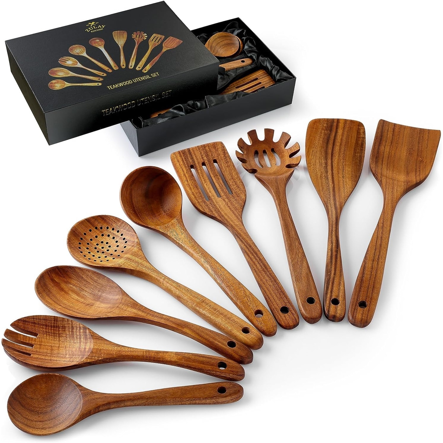9 Piece Black Colored Silicone Kitchen Utensils Set with Wooden Handles by Elyon Tableware