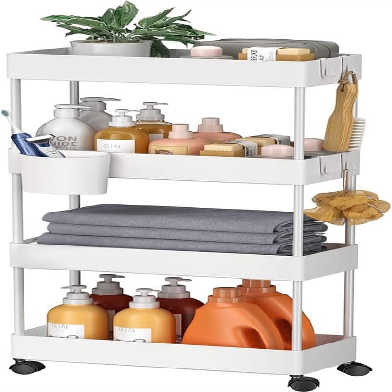 Slim Storage Cart with Wheels 4 Tier Bathroom Storage Organizer Rolling Utility Cart - 15.7"D x 7.1"W x 35.9"H - White