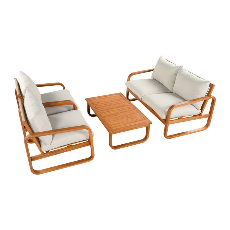 Christopher Knight Home - George 4-Piece Outdoor Acacia Wood Conversation Set with Plush Thick Cushions & Slatted Coffee Table