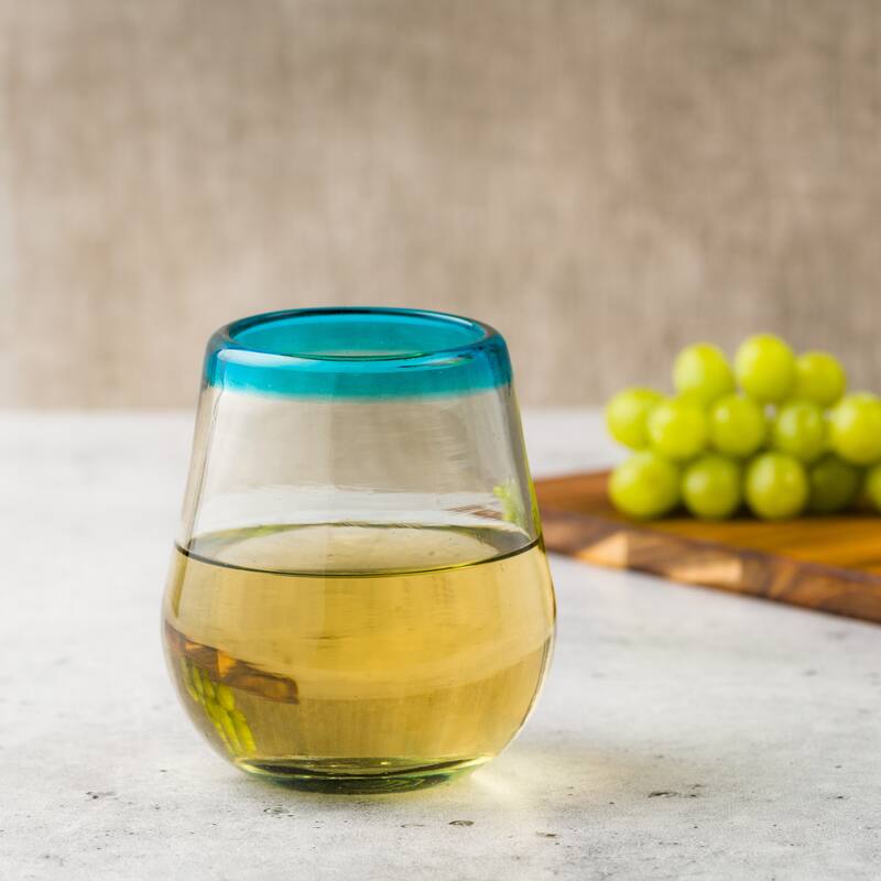 10 Strawberry Street Aqua Rim Handblown Mexican Glassware, Set of 6