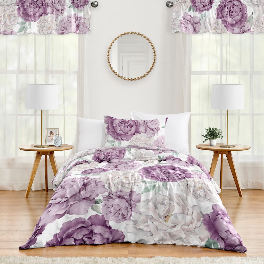 Sweet Jojo Designs Lavender Purple Boho Shabby Chic Floral Girl 2p Twin-size Comforter Set Ivory Bohemian Vintage Watercolor
