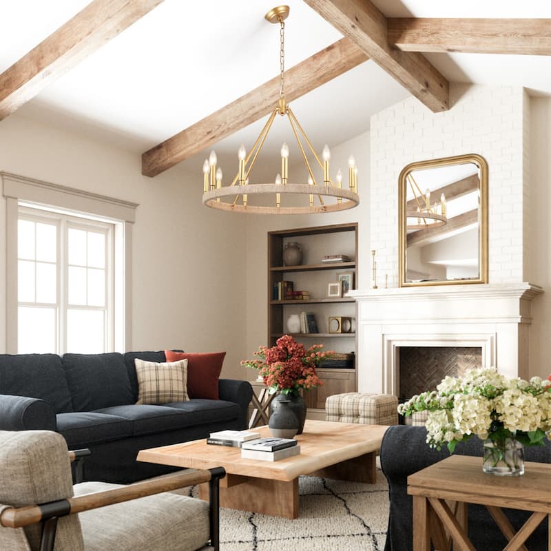 12-Light W26.77" x H78.74" Hemp Rope Wagon Wheel Chandelier for Living Room