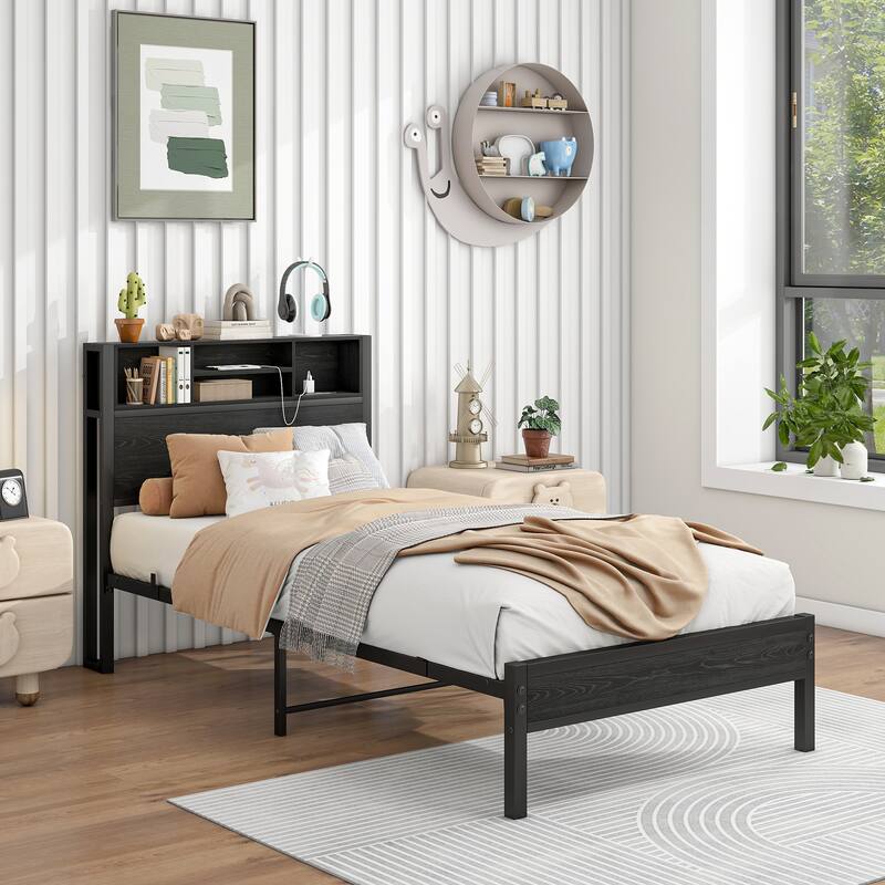 Twin Size Metal Platform Bed with USB Ports & Outlets, Storage Headboard Shelf, Underbed Space, Noise-Free Frame