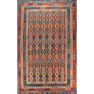 All-Over Geometric Kilim Oriental Large Rug Flatweave Wool Carpet - 10'0"x 15'9"