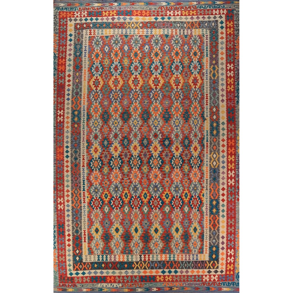 All-Over Geometric Kilim Oriental Large Rug Flatweave Wool Carpet - 10'0"x 15'9"