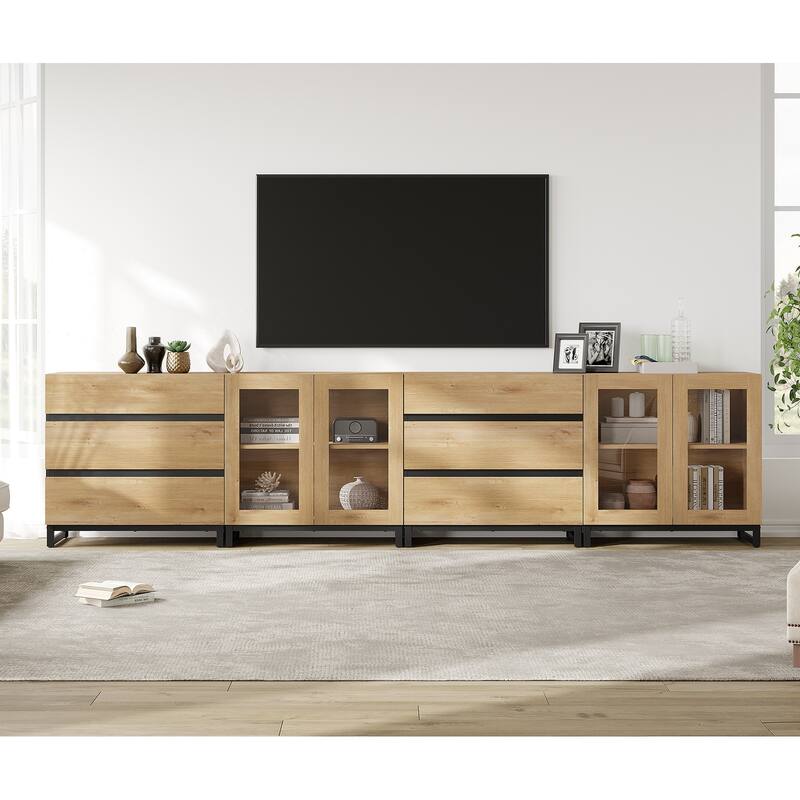 4 in 1 TV Stand for 120" TVs, Console with Glass Doors & 6 Drawers, Entertainment Center