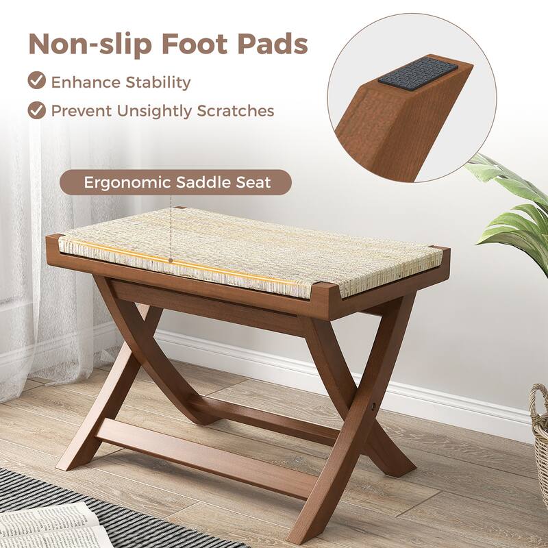 Gymax Folding Natural Rattan Ottoman w/ Hand-woven Seat & X-shaped