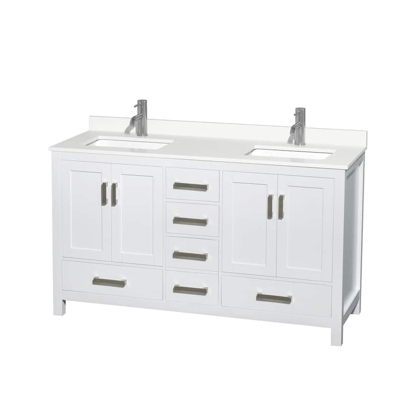 Sheffield 60-inch Double Vanity, Single Hole Quartz Top - White, Chrome Trim, White Quartz Top