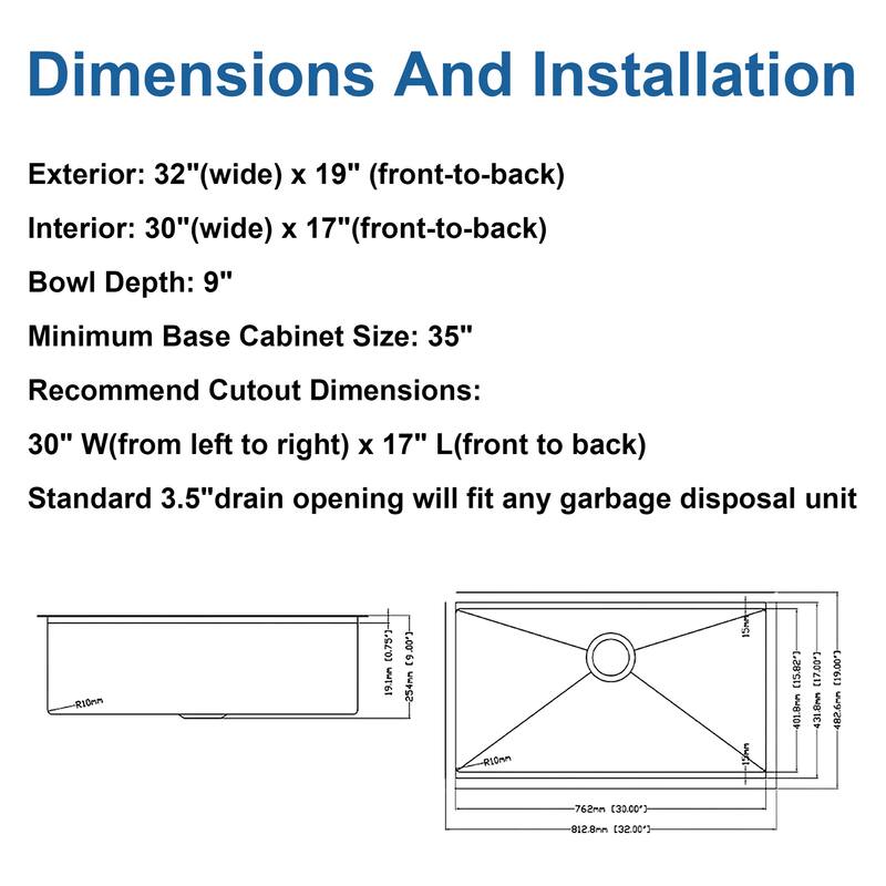 33" Undermount Workstation Sink - 18G Stainless Steel, 10" Deep