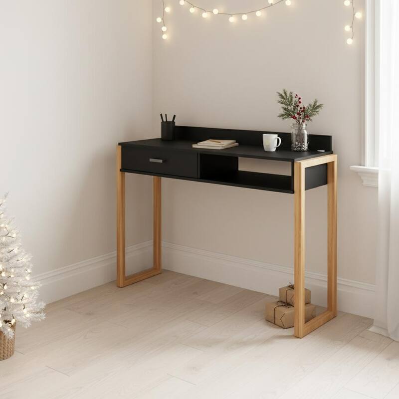 Modern Computer Desk with Drawer, Space-Saving, Shelf and Dual USB Charging Ports