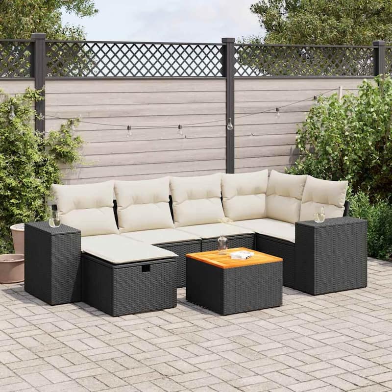 vidaXL Patio Sofa Set with Cushions Outdoor Furniture 7 Piece Poly Rattan - Black and cream with storage - 21.7 x 21.7 x 14.6 in
