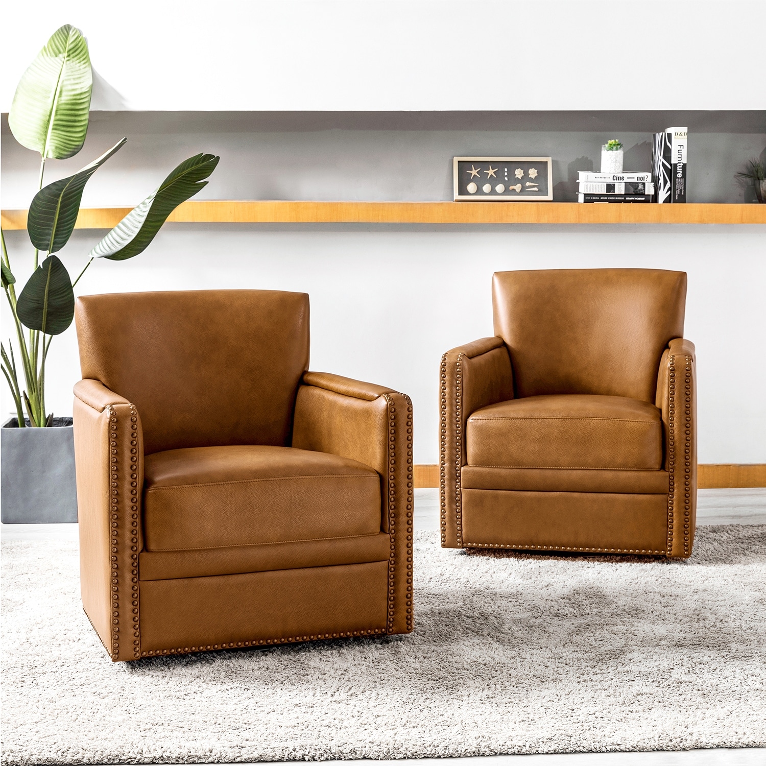 HULALA HOME Pascual Classic Genuine Leather Swivel Chair With Nailhead Trim Arm Set of 2