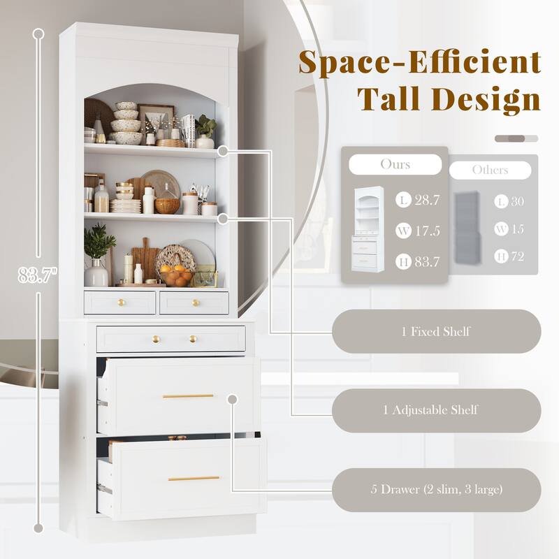 Kitchen Pantry Cabinet with Faux Marble Top, Freestanding Storage Cabinet, Buffet Cabinet with 5 Drawers & Adjustable Shelf
