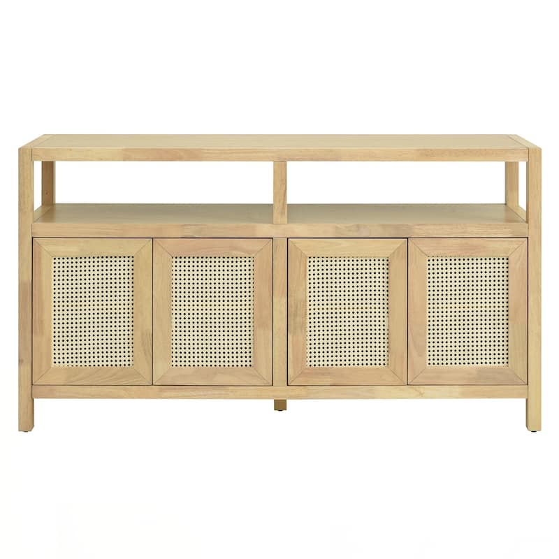 Rattan Buffet Storage Cabinet with Solid Wood Frame, Sideboard with 3-position Adjustable Shelves for Living & Dining Rooms