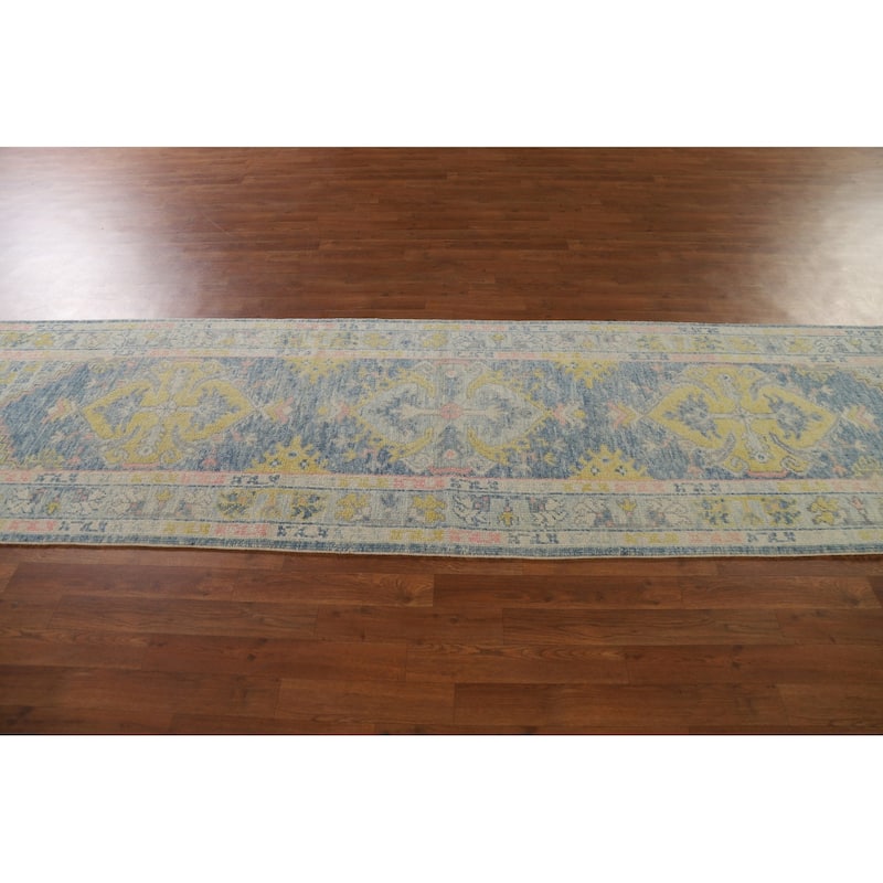 Vegetable Dye Oushak Turkish Runner Rug Handmade Wool Carpet - 3'0"x 11'9"