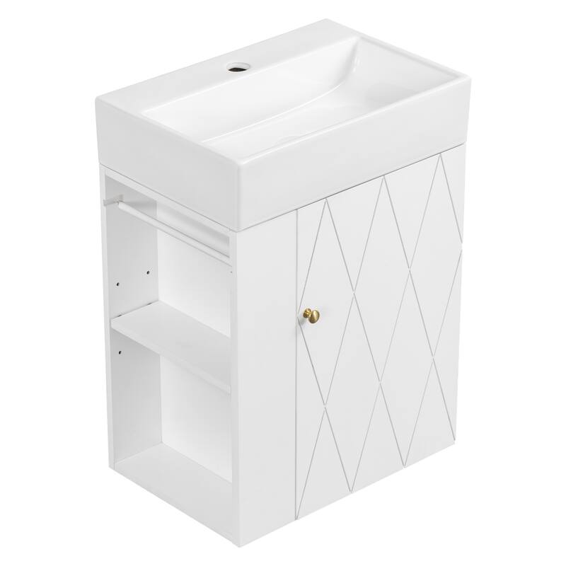 Wall-mounted Small Bathroom Vanity with Ceramic Sink, Floating Ceramic Sink Cabinet with Side Storage Shelves, 20 Inch