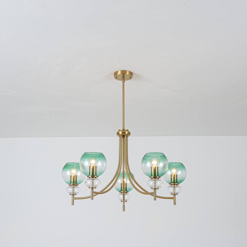 5-Light Mid-Century Modern Luxury Green Sputnik with Open/Bubble Glass Globe Shades Chandelier for Dining Room, Living Room