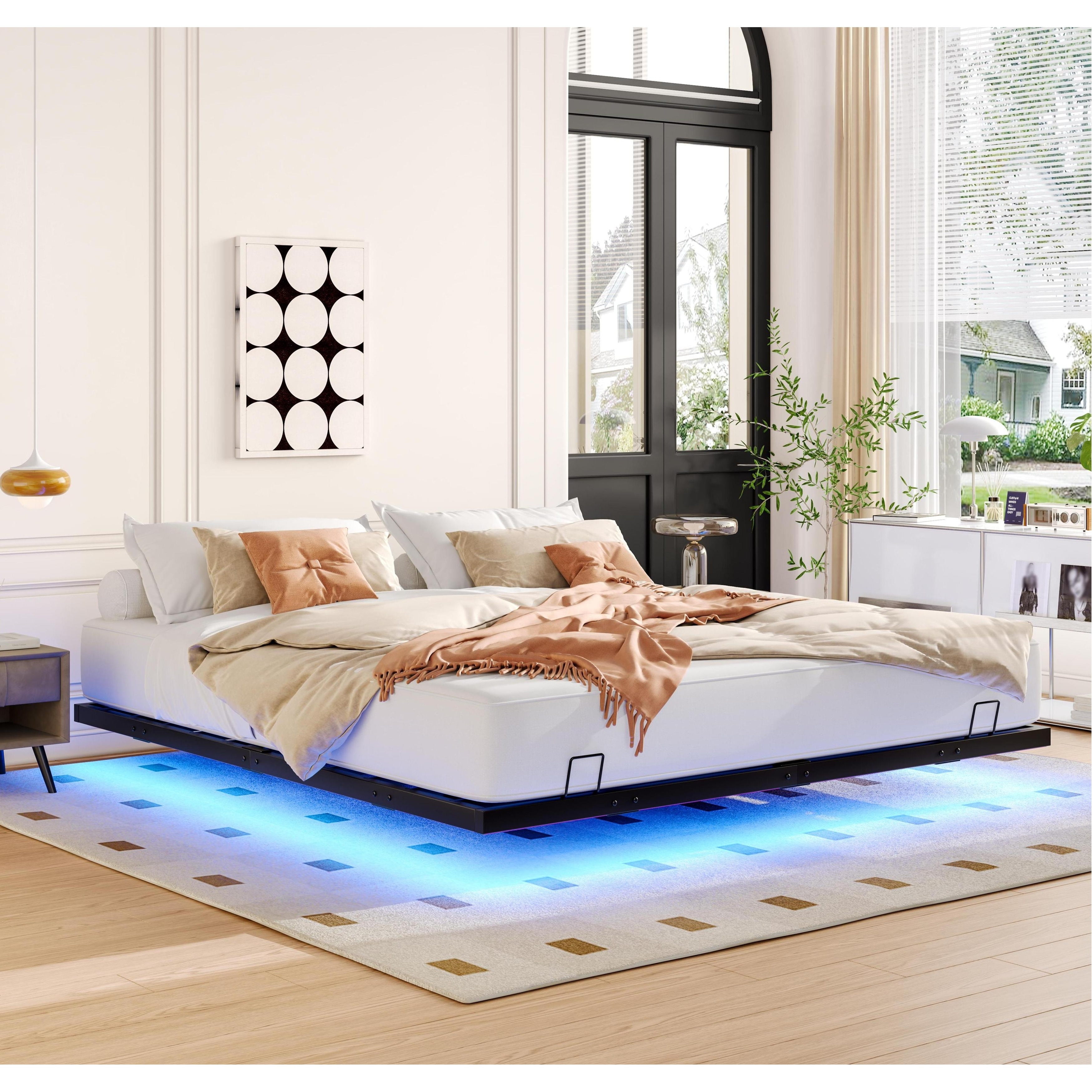 Queen Size Floating Bed Frame with LED Lights, Metal Platform Bed - Noise Free, No Box Spring Needed