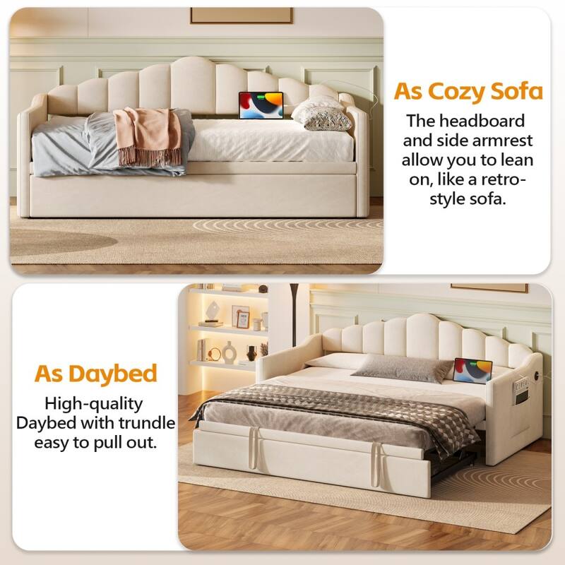 Modern Upholstered Adjustable Height Pop Up Trundle Twin Daybed with Type-C Charging Port